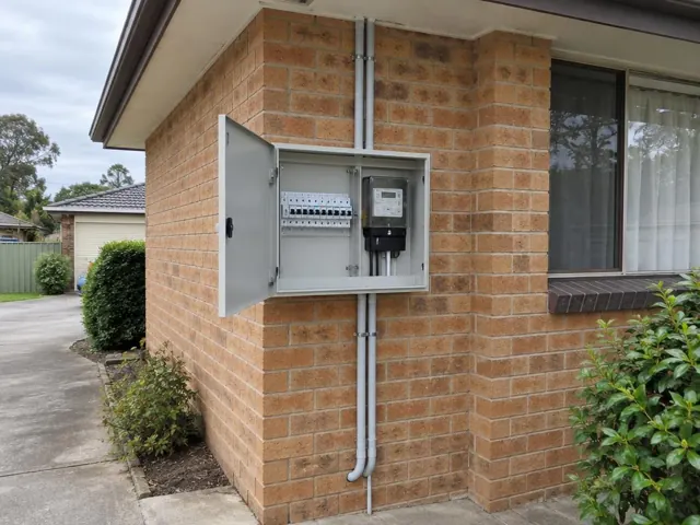 Open exterior switchboard on brick wall beside a house window and driveway in Maryland